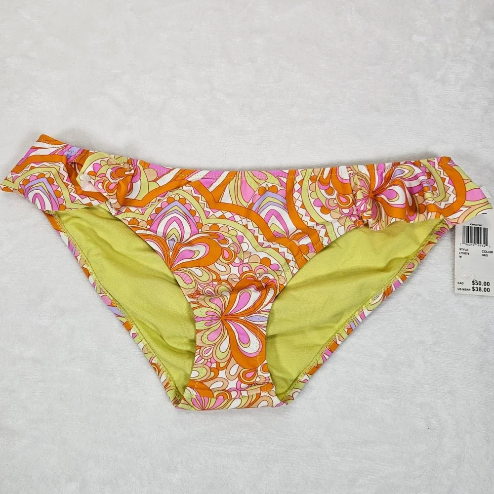 Raisins Sophia Pant Bikini Bottoms Womens Psychedelic Paisley Ruffle Orange‎ M
